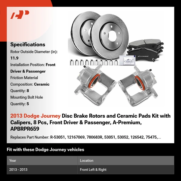 2013 Dodge Journey Disc Brake Rotors and Ceramic Pads Kit with Calipers, 8 Pcs, Front Driver & Passenger, A-Premium, APBRPR659