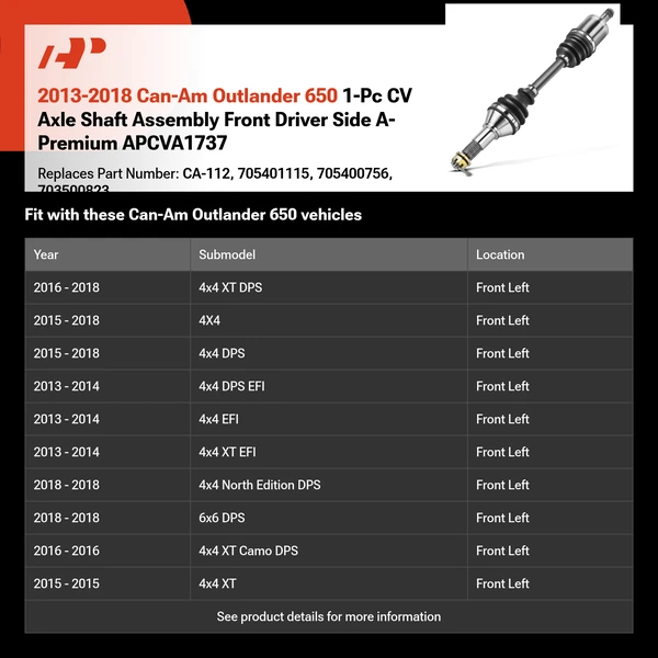 2013-2018 Can-Am Outlander 650 1-Pc CV Axle Shaft Assembly Front Driver Side A-Premium APCVA1737