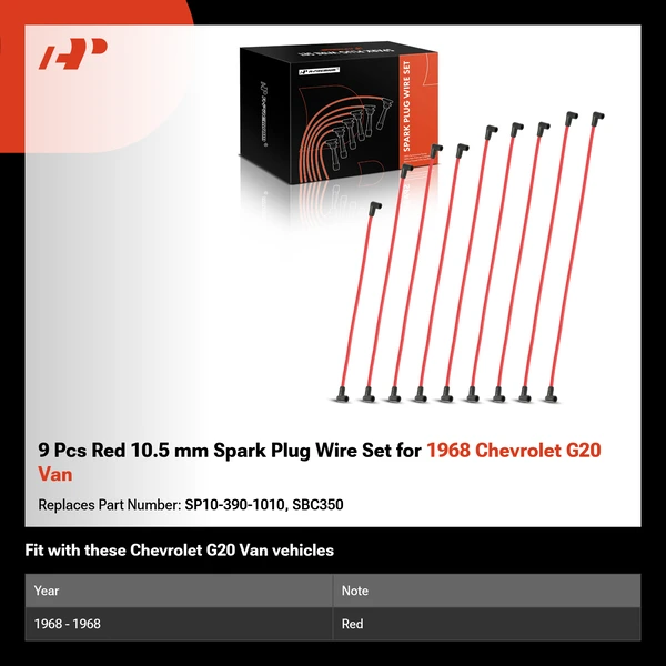 9 Pcs Red 10.5 mm Spark Plug Wire Set for 1968 Chevrolet G20 Van