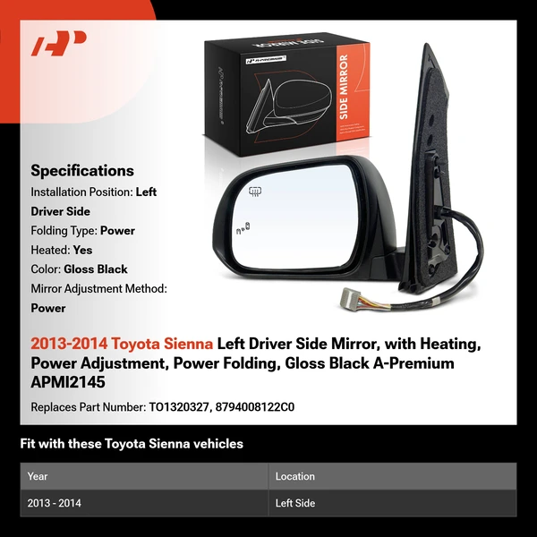 2013-2014 Toyota Sienna Left Driver Side Mirror, with Heating, Power Adjustment, Power Folding, Gloss Black A-Premium APMI2145