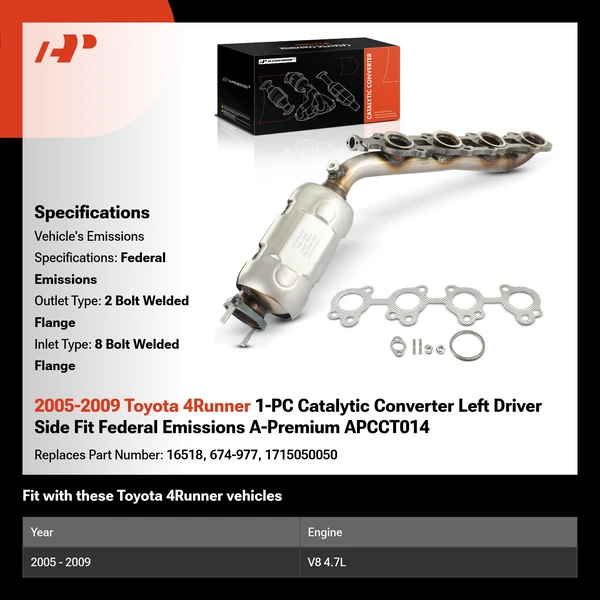 2005-2009 Toyota 4Runner 1-PC Catalytic Converter Left Driver Side Fit Federal Emissions A-Premium APCCT014