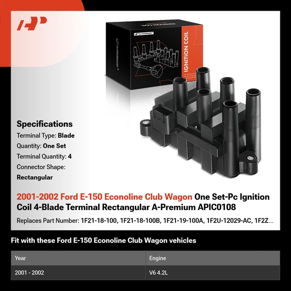 2001-2002 Ford E-150 Econoline Club Wagon One Set-Pc Ignition Coil 4-Blade Terminal Rectangular A-Premium APIC0108