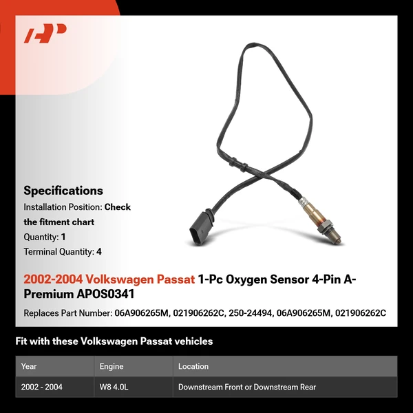 2002-2004 Volkswagen Passat 1-Pc Oxygen Sensor 4-Pin A-Premium APOS0341
