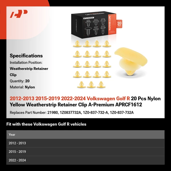 2012-2013 2015-2019 2022-2024 Volkswagen Golf R 20 Pcs Nylon Yellow Weatherstrip Retainer Clip A-Premium APRCF1612