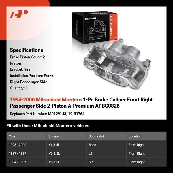 1994-2000 Mitsubishi Montero 1-Pc Brake Caliper Front Right Passenger Side 2-Piston A-Premium APBC0826