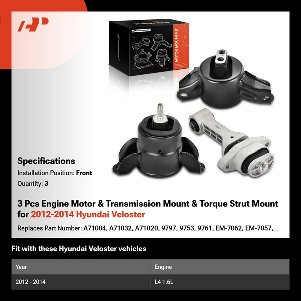 3 Pcs Engine Motor & Transmission Mount & Torque Strut Mount for 2012-2014 Hyundai Veloster