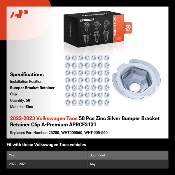 2022-2023 Volkswagen Taos 50 Pcs Zinc Silver Bumper Bracket Retainer Clip A-Premium APRCF3131
