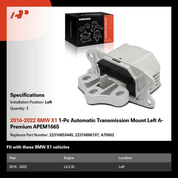2016-2022 BMW X1 1-Pc Automatic Transmission Mount Left A-Premium APEM1665