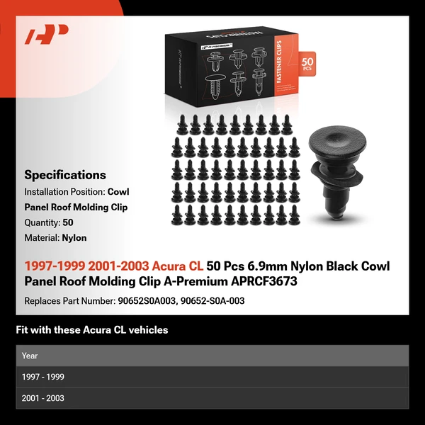 1997-1999 2001-2003 Acura CL 50 Pcs 6.9mm Nylon Black Cowl Panel Roof Molding Clip A-Premium APRCF3673
