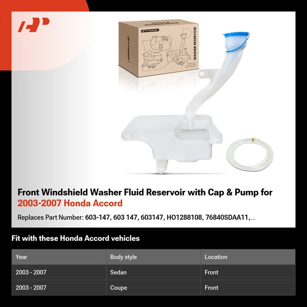 Front Windshield Washer Fluid Reservoir with Cap & Pump for 2003-2007 Honda Accord