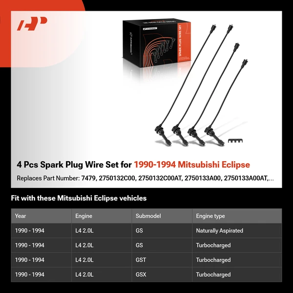 4 Pcs Spark Plug Wire Set for 1990-1994 Mitsubishi Eclipse