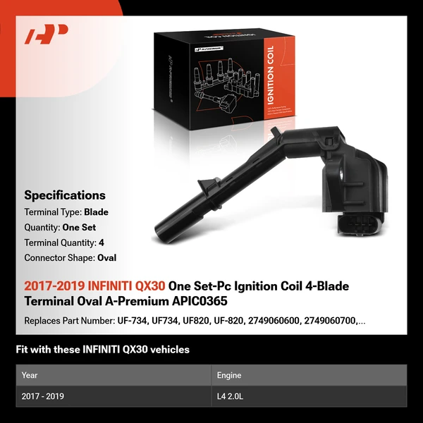2017-2019 INFINITI QX30 One Set-Pc Ignition Coil 4-Blade Terminal Oval A-Premium APIC0365