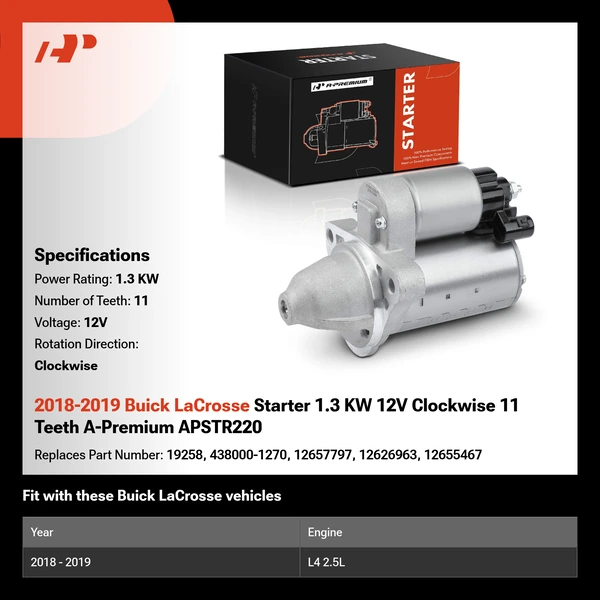 2018-2019 Buick LaCrosse Starter 1.3 KW 12V Clockwise 11 Teeth A-Premium APSTR220