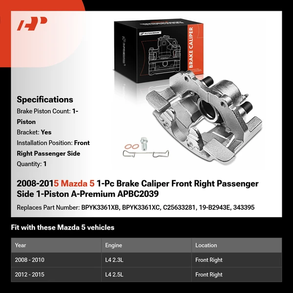 2008-2015 Mazda 5 1-Pc Brake Caliper Front Right Passenger Side 1-Piston A-Premium APBC2039