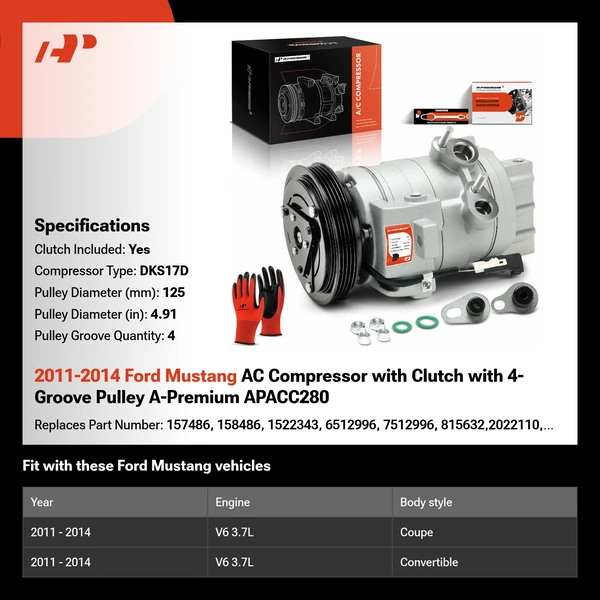2011-2014 Ford Mustang AC Compressor with Clutch with 4-Groove Pulley A-Premium APACC280