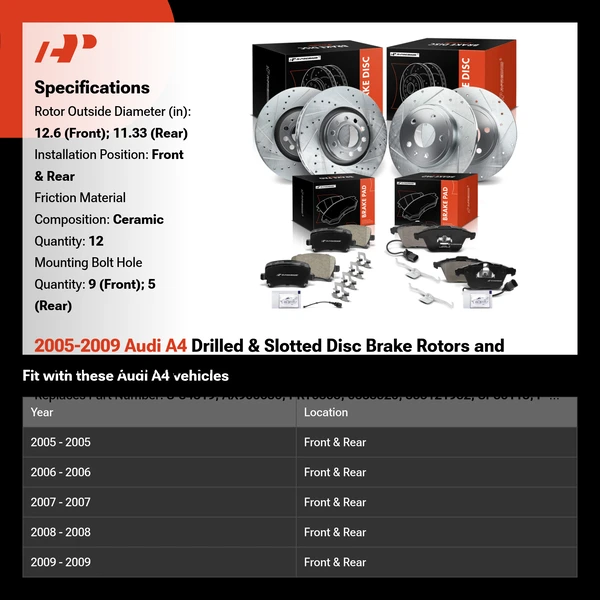 2005-2009 Audi A4 Drilled & Slotted Disc Brake Rotors and Ceramic Pads Kit, 12 Pcs, Front & Rear, A-Premium, APBRPS480