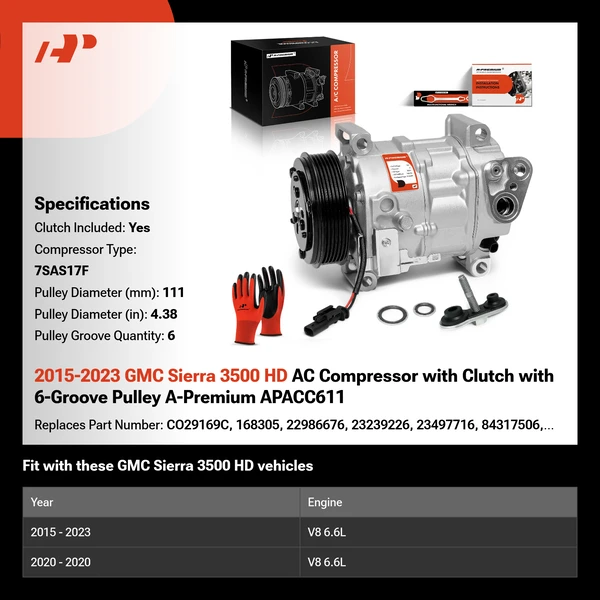 2015-2023 GMC Sierra 3500 HD AC Compressor with Clutch with 6-Groove Pulley A-Premium APACC611