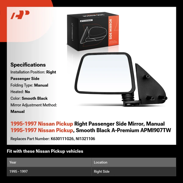 1995-1997 Nissan Pickup Right Passenger Side Mirror, Manual 1995-1997 Nissan Pickup, Smooth Black A-Premium APMI907TW