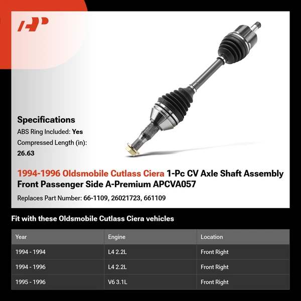 1994-1996 Oldsmobile Cutlass Ciera 1-Pc CV Axle Shaft Assembly Front Passenger Side A-Premium APCVA057