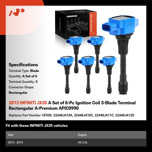 2013 INFINITI JX35 A Set of 6-Pc Ignition Coil 3-Blade Terminal Rectangular A-Premium APIC0990