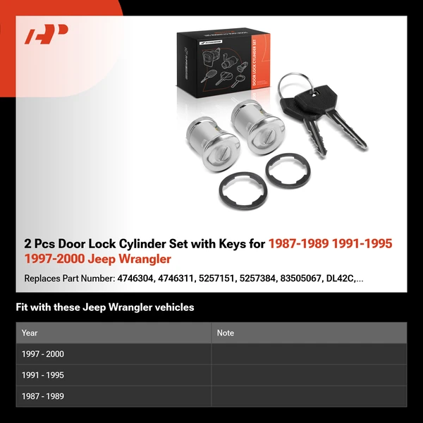 2 Pcs Door Lock Cylinder Set with Keys for 1987-1989 1991-1995 1997-2000 Jeep Wrangler