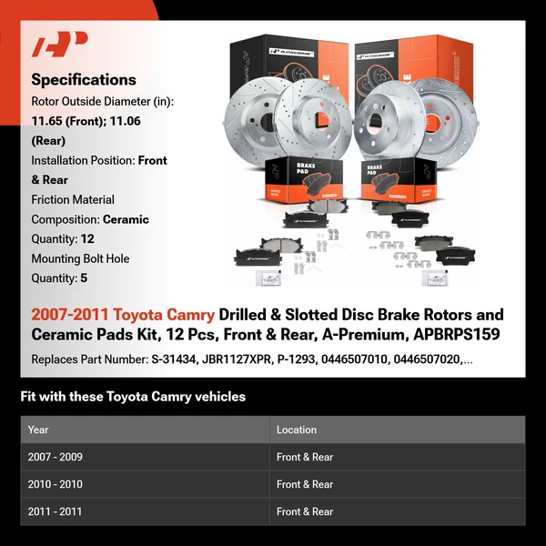2007-2011 Toyota Camry Drilled & Slotted Disc Brake Rotors and Ceramic Pads Kit, 12 Pcs, Front & Rear, A-Premium, APBRPS159