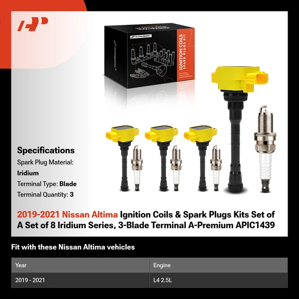 2019-2021 Nissan Altima Ignition Coils & Spark Plugs Kits Set of A Set of 8 Iridium Series, 3-Blade Terminal A-Premium APIC1439