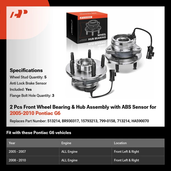2 Pcs Front Wheel Bearing & Hub Assembly with ABS Sensor for 2005-2010 Pontiac G6