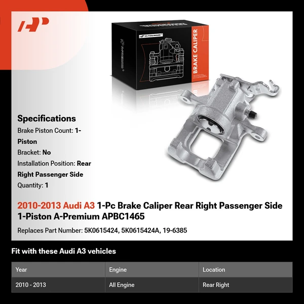 2010-2013 Audi A3 1-Pc Brake Caliper Rear Right Passenger Side 1-Piston A-Premium APBC1465