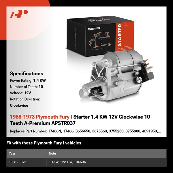 1968-1973 Plymouth Fury I Starter 1.4 KW 12V Clockwise 10 Teeth A-Premium APSTR037