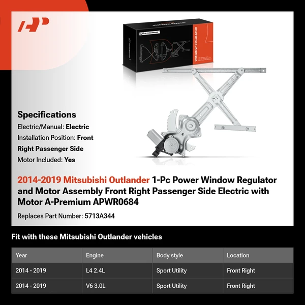 2014-2019 Mitsubishi Outlander 1-Pc Power Window Regulator and Motor Assembly Front Right Passenger Side Electric with Motor A-Premium APWR0684