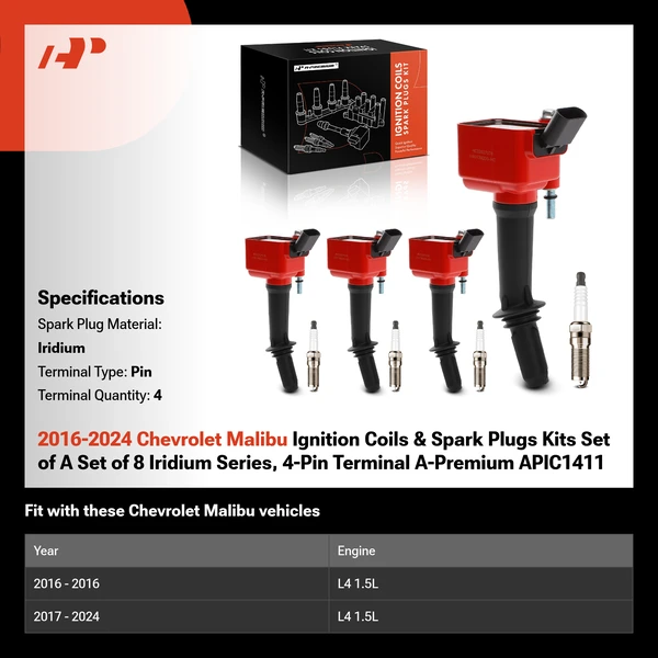 2016-2024 Chevrolet Malibu Ignition Coils & Spark Plugs Kits Set of A Set of 8 Iridium Series, 4-Pin Terminal A-Premium APIC1411