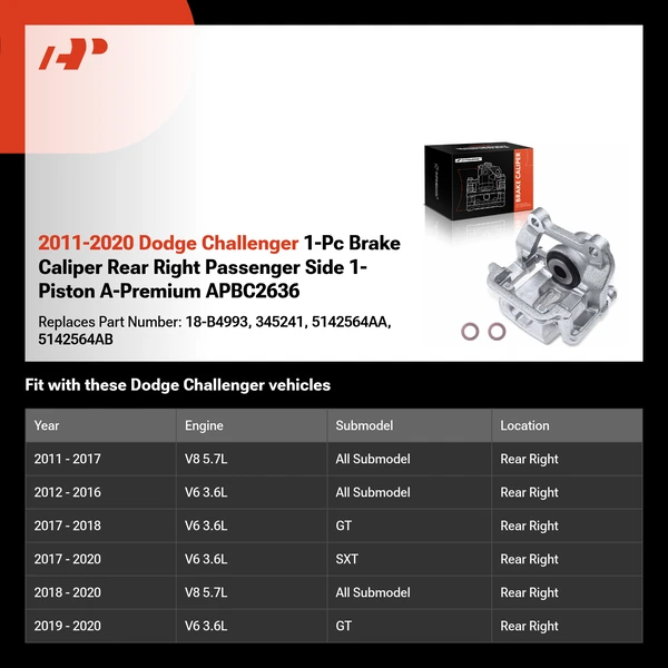 2011-2020 Dodge Challenger 1-Pc Brake Caliper Rear Right Passenger Side 1-Piston A-Premium APBC2636