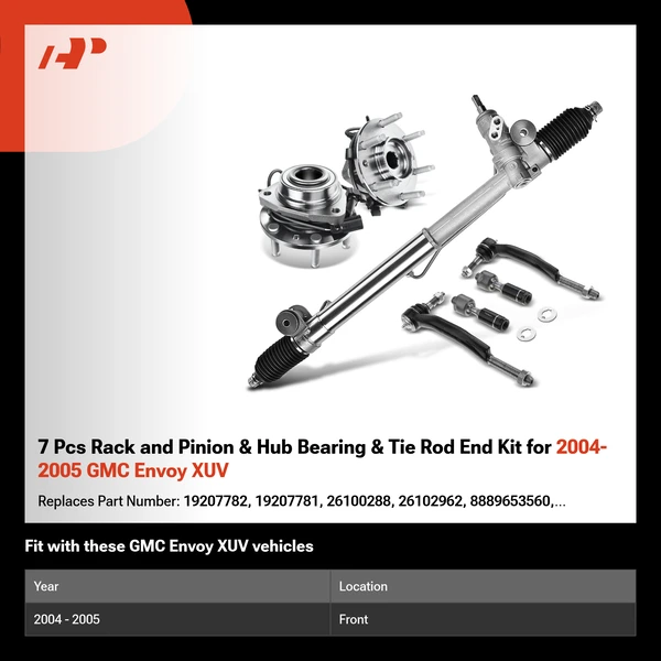 7 Pcs Rack and Pinion & Hub Bearing & Tie Rod End Kit for 2004-2005 GMC Envoy XUV