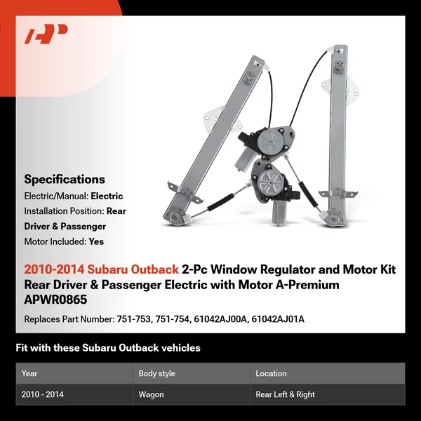 2010-2014 Subaru Outback 2-Pc Window Regulator and Motor Kit Rear Driver & Passenger Electric with Motor A-Premium APWR0865