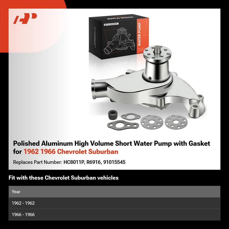 Polished Aluminum High Volume Short Water Pump with Gasket for 1962 1966 Chevrolet Suburban