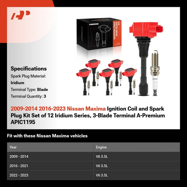 2009-2014 2016-2023 Nissan Maxima Ignition Coil and Spark Plug Kit Set of 12 Iridium Series, 3-Blade Terminal A-Premium APIC1195