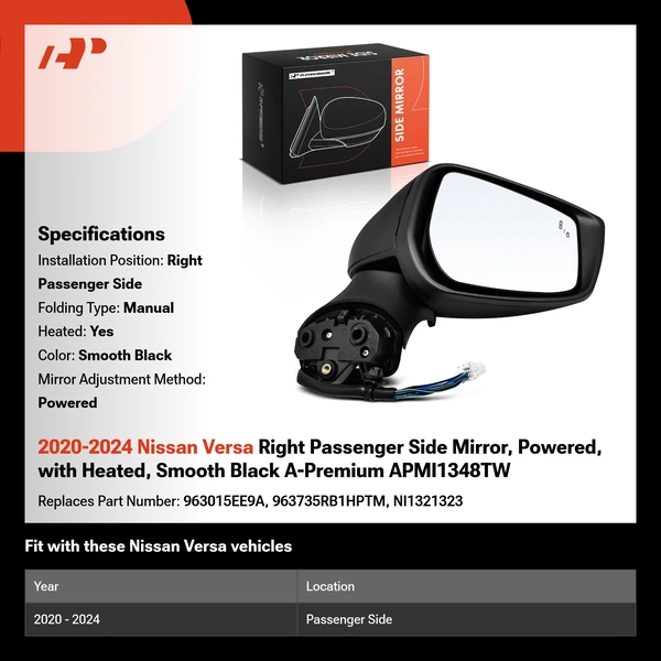 2020-2024 Nissan Versa Right Passenger Side Mirror, Powered, with Heated, Smooth Black A-Premium APMI1348TW