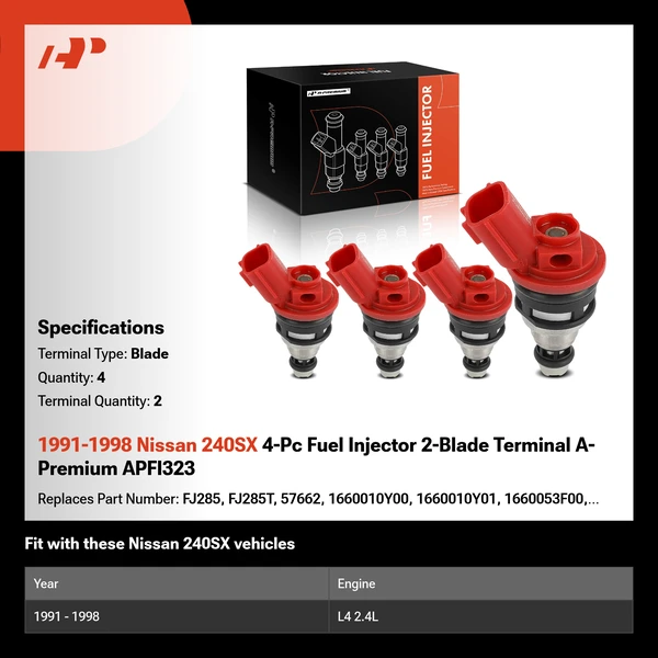 1991-1998 Nissan 240SX 4-Pc Fuel Injector 2-Blade Terminal A-Premium APFI323