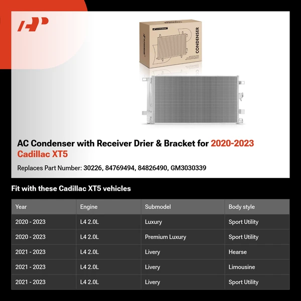 AC Condenser with Receiver Drier & Bracket for 2020-2023 Cadillac XT5