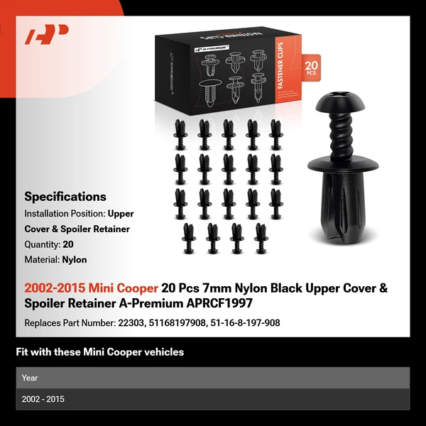 2002-2015 Mini Cooper 20 Pcs 7mm Nylon Black Upper Cover & Spoiler Retainer A-Premium APRCF1997