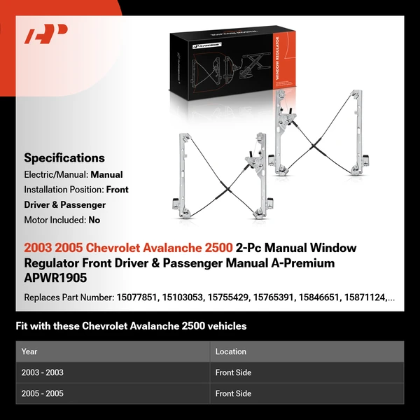 2003 2005 Chevrolet Avalanche 2500 2-Pc Manual Window Regulator Front Driver & Passenger Manual A-Premium APWR1905