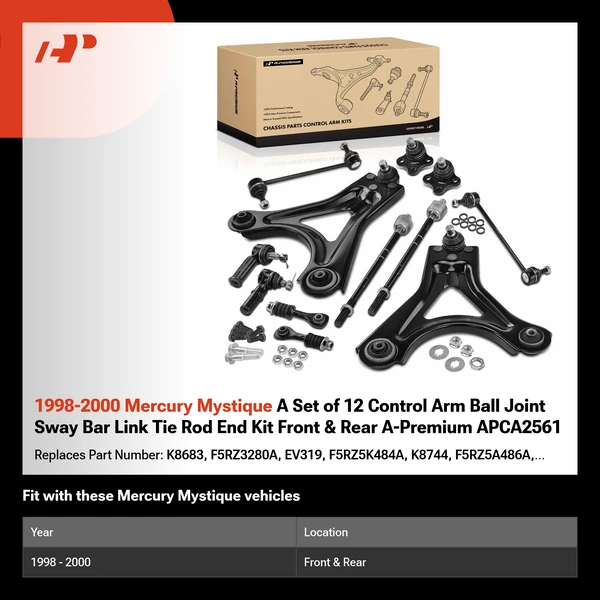1998-2000 Mercury Mystique A Set of 12 Control Arm Ball Joint Sway Bar Link Tie Rod End Kit Front & Rear A-Premium APCA2561