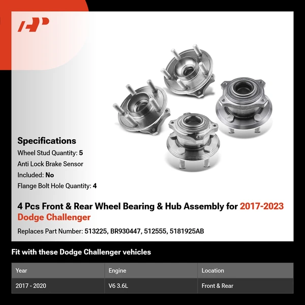 4 Pcs Front & Rear Wheel Bearing & Hub Assembly for 2017-2023 Dodge Challenger
