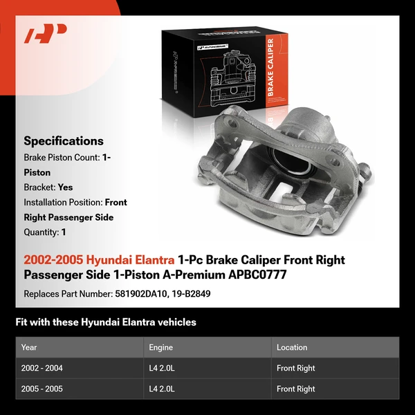 2002-2005 Hyundai Elantra 1-Pc Brake Caliper Front Right Passenger Side 1-Piston A-Premium APBC0777