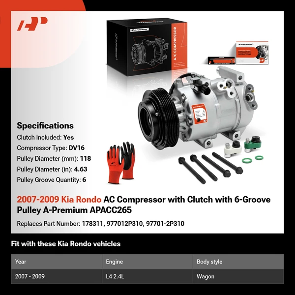 2007-2009 Kia Rondo AC Compressor with Clutch with 6-Groove Pulley A-Premium APACC265