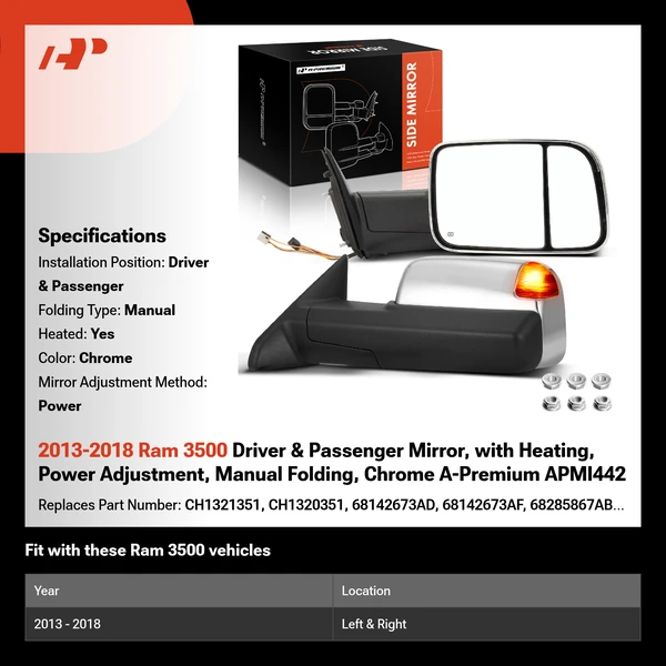 2013-2018 Ram 3500 Driver & Passenger Mirror, with Heating, Power Adjustment, Manual Folding, Chrome A-Premium APMI442