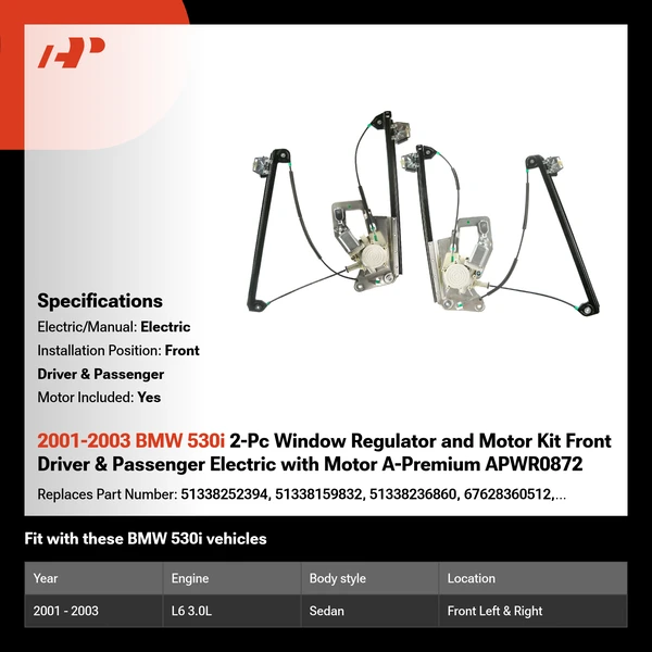 2001-2003 BMW 530i 2-Pc Window Regulator and Motor Kit Front Driver & Passenger Electric with Motor A-Premium APWR0872