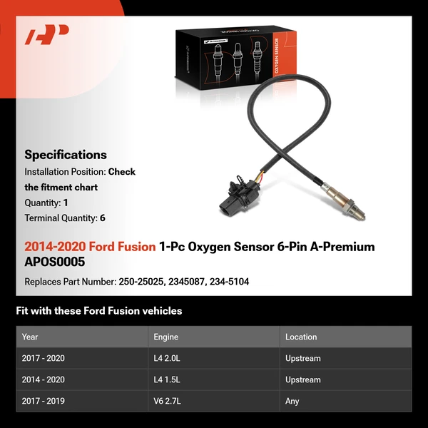 2014-2020 Ford Fusion 1-Pc Oxygen Sensor 6-Pin A-Premium APOS0005