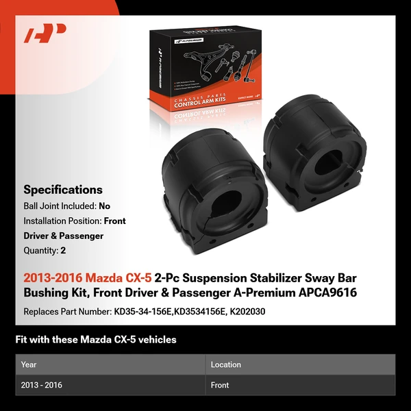 2013-2016 Mazda CX-5 2-Pc Suspension Stabilizer Sway Bar Bushing Kit, Front Driver & Passenger A-Premium APCA9616